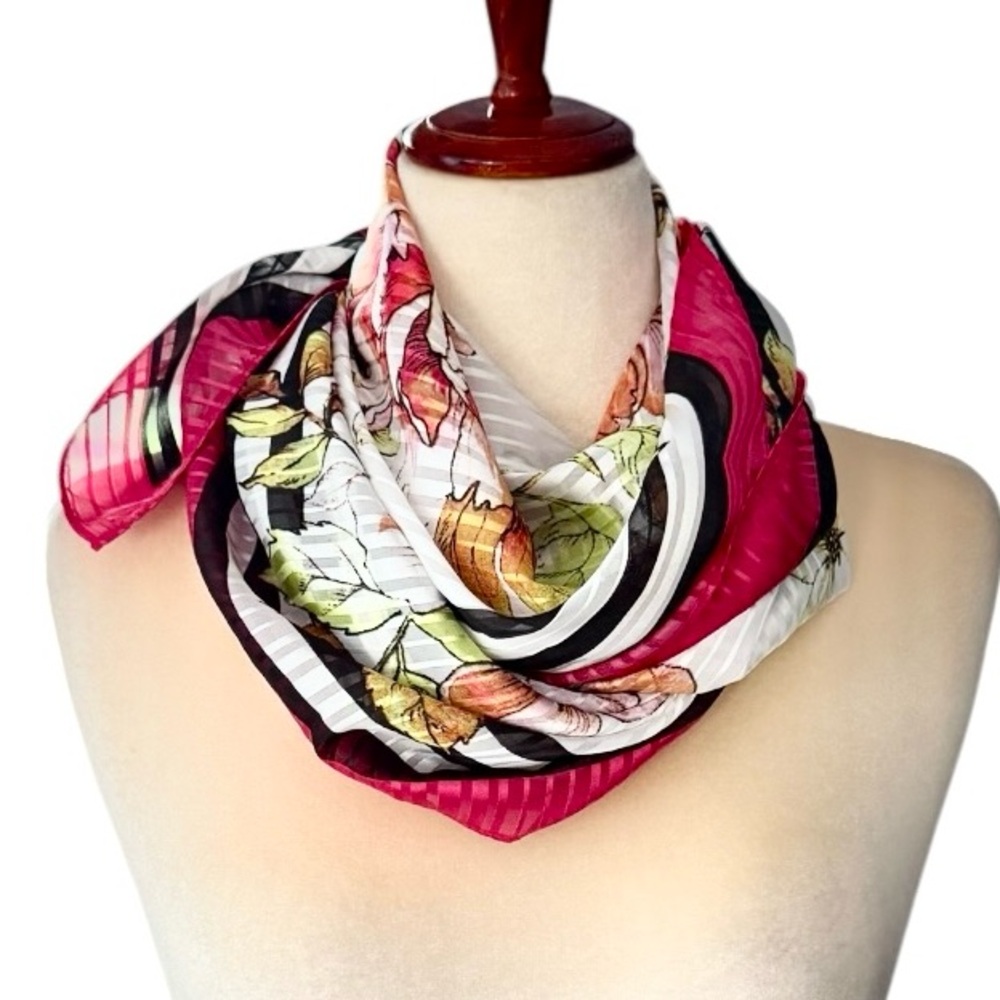 Max Studio Floral Stripe Scarf Wrap 48” Square Pink White Green Black